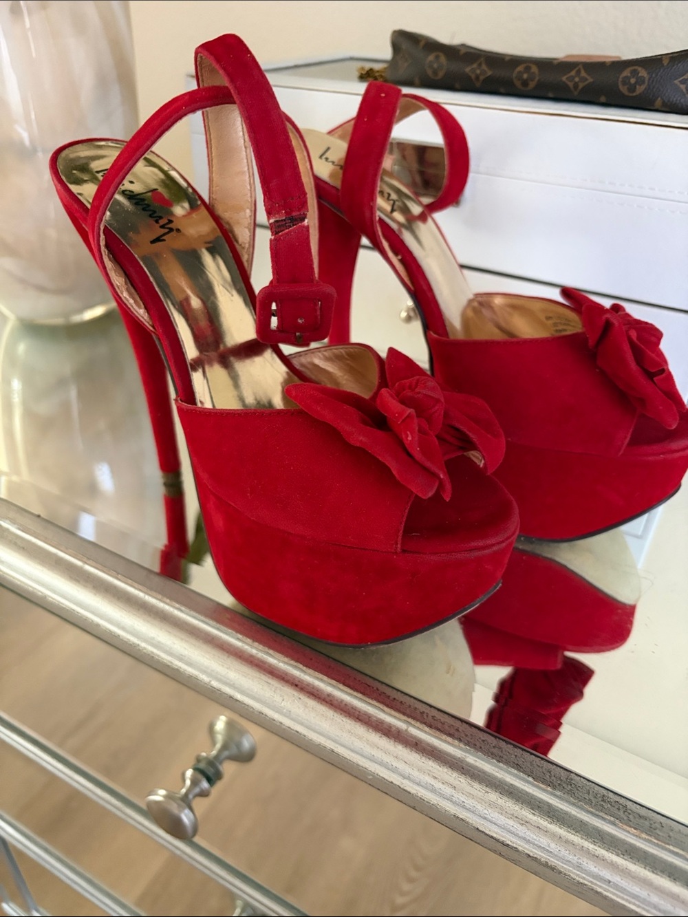 Red Suede Platform Slingback Heels with Bow